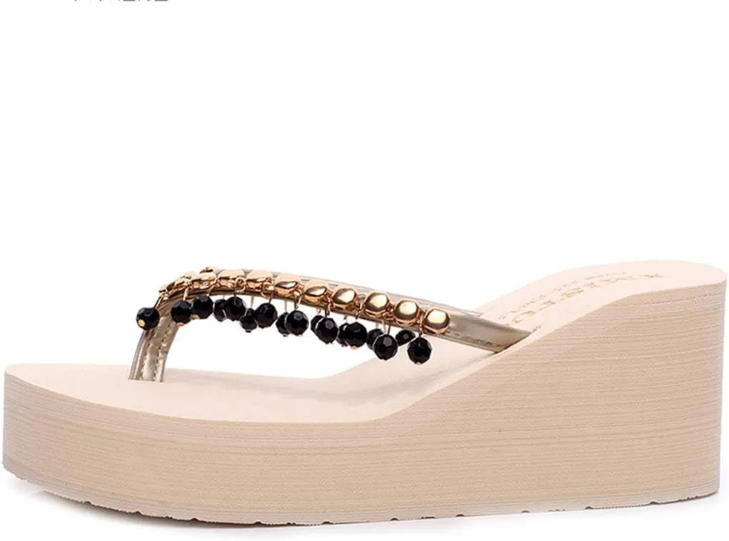 VOKLIN Women's Wedge High Heel Flipflops Fashion Fringed Platform Nonslip Summer Beach Tassel Thong Sandals