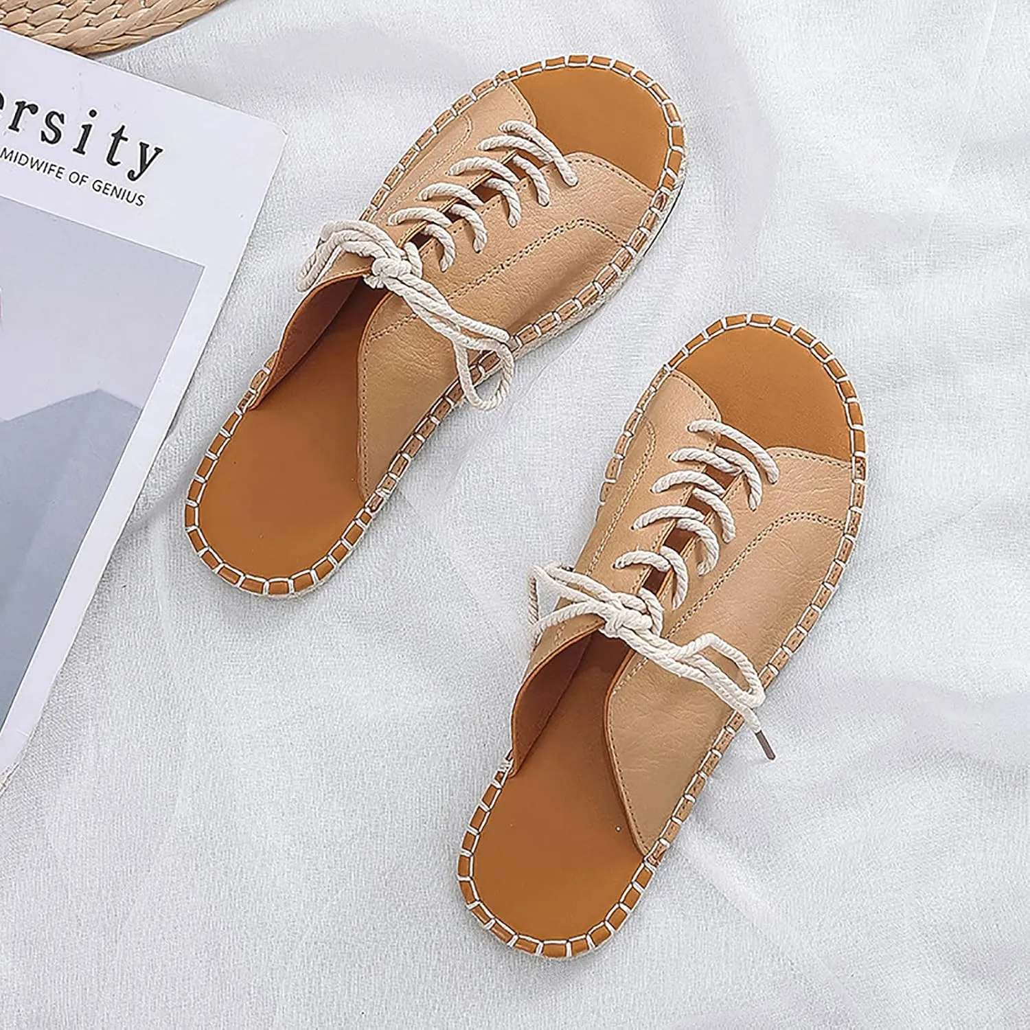WENOREG Women's Open Toe Lace-Up Straw Weave Flat Slippers,Summer Fashion Round Toe Comfortable Breathable Slip on Beach Indoor Outdoor Dressy Casual Sandals