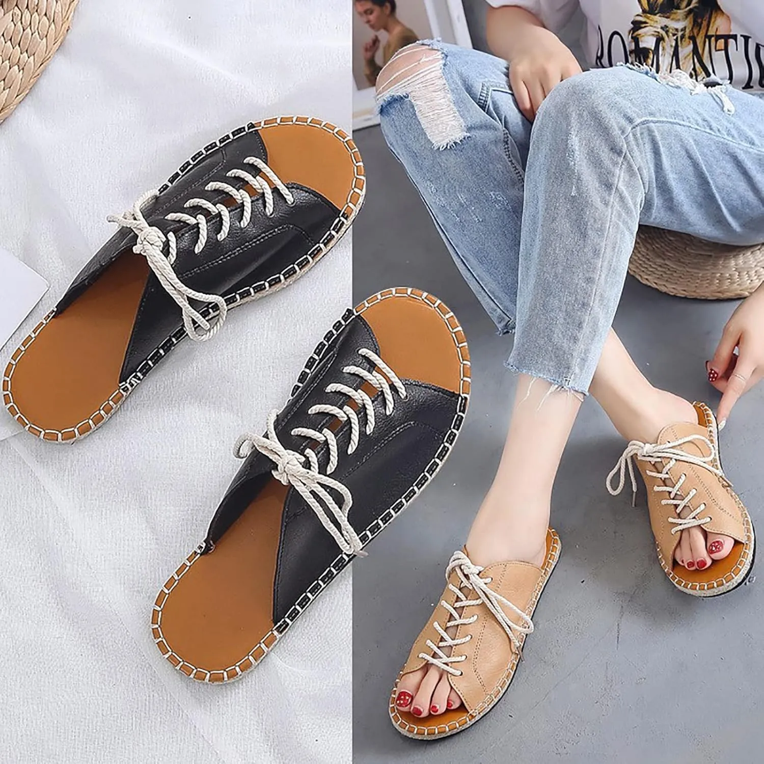 WENOREG Women's Open Toe Lace-Up Straw Weave Flat Slippers,Summer Fashion Round Toe Comfortable Breathable Slip on Beach Indoor Outdoor Dressy Casual Sandals