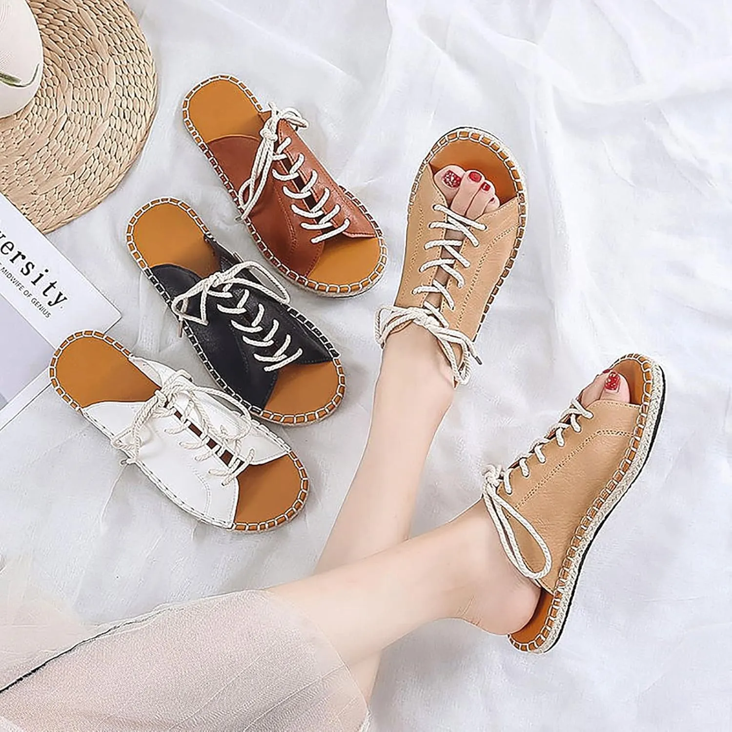 WENOREG Women's Open Toe Lace-Up Straw Weave Flat Slippers,Summer Fashion Round Toe Comfortable Breathable Slip on Beach Indoor Outdoor Dressy Casual Sandals