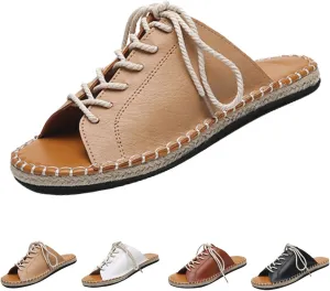 WENOREG Women's Open Toe Lace-Up Straw Weave Flat Slippers,Summer Fashion Round Toe Comfortable Breathable Slip on Beach Indoor Outdoor Dressy Casual Sandals