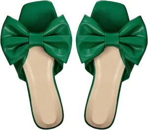 Women’s Bow Slip-On Sandals – Square-Toe Flat Summer Slides with Romantic Bow Accent – Cute Casual Shoes for Vacations, Shopping & Everyday Outfits