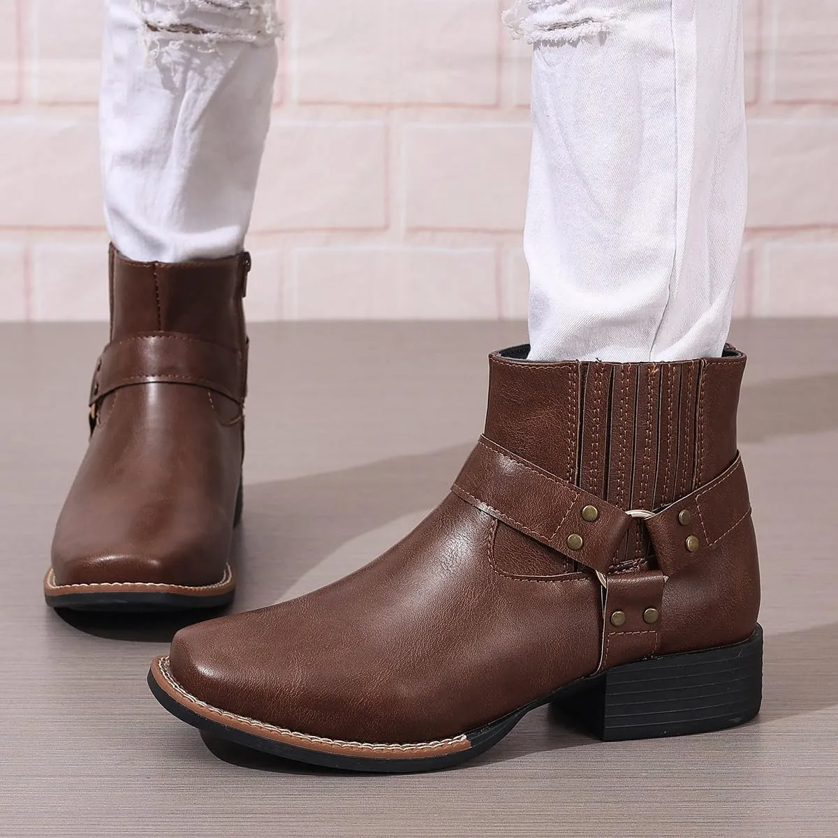 Womens Chelsea Boots Comfortable Round Toe Slip On Ankle Bootie Chunky Low Heel Booties Side Zipper Rivet Studded Shoes