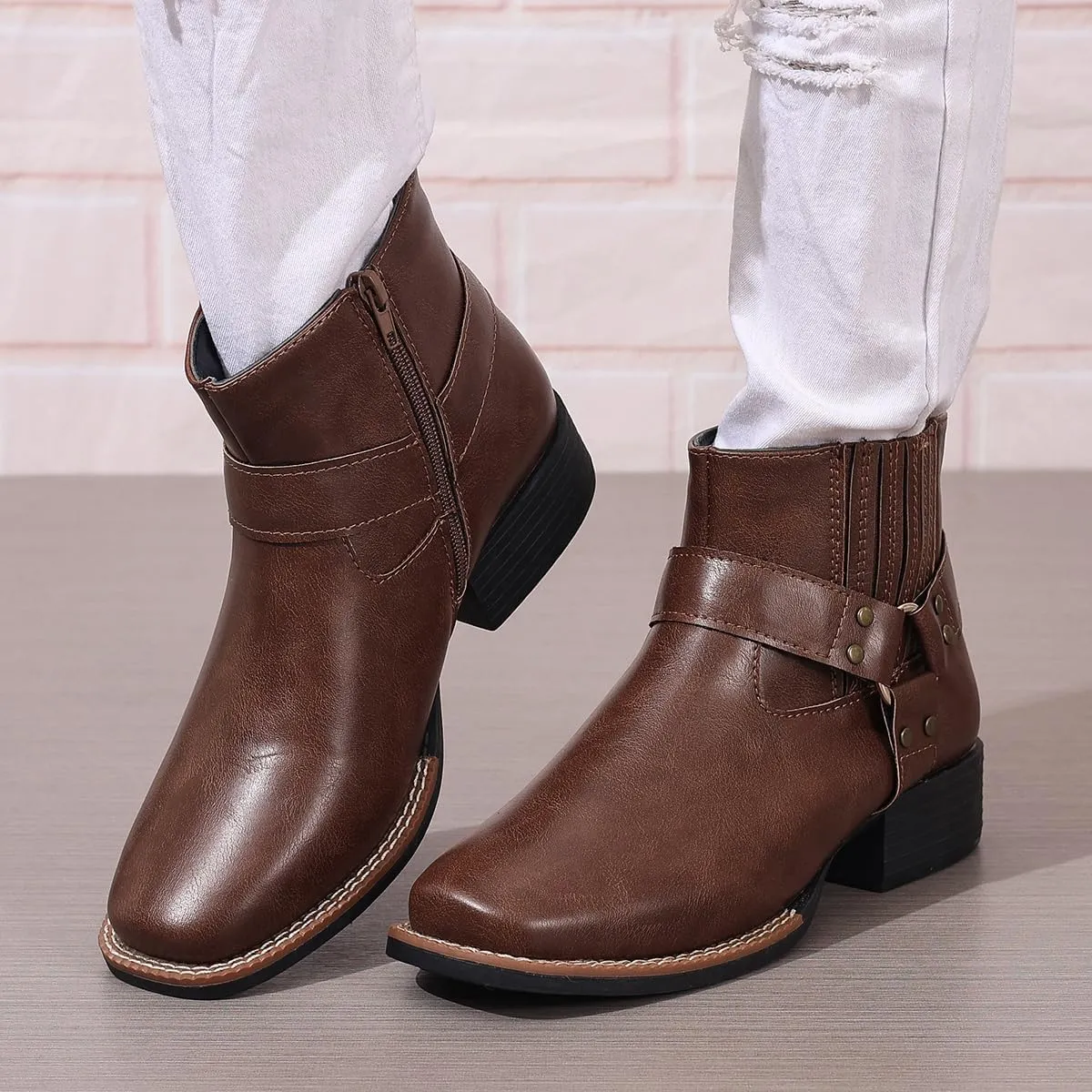 Womens Chelsea Boots Comfortable Round Toe Slip On Ankle Bootie Chunky Low Heel Booties Side Zipper Rivet Studded Shoes
