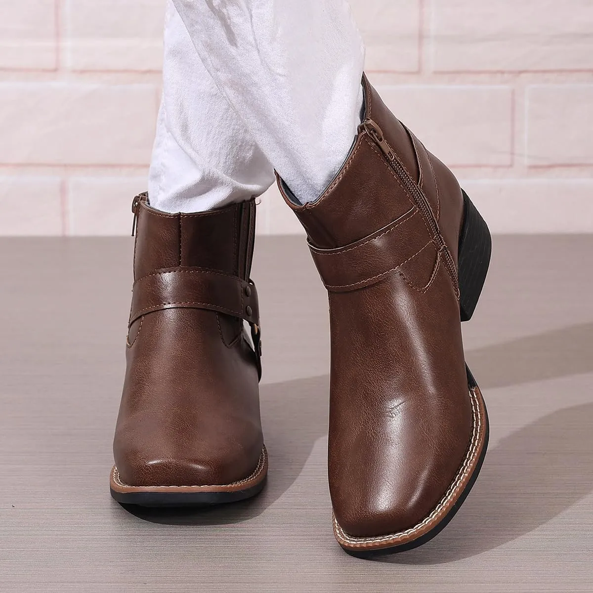Womens Chelsea Boots Comfortable Round Toe Slip On Ankle Bootie Chunky Low Heel Booties Side Zipper Rivet Studded Shoes