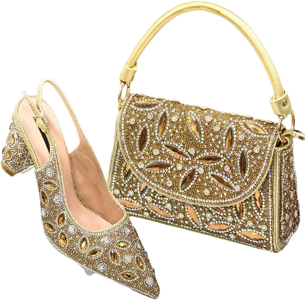 Women's Diamond Luxurious Pointed Toe Pump and Bag Set with Buckle Strap for Elegant Occasions