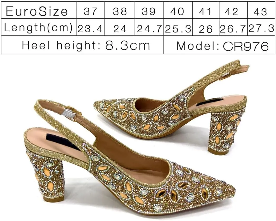 Women's Diamond Luxurious Pointed Toe Pump and Bag Set with Buckle Strap for Elegant Occasions