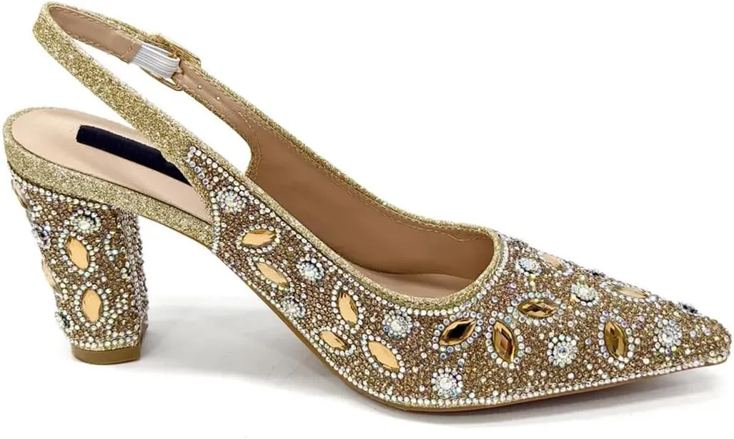 Women's Diamond Luxurious Pointed Toe Pump and Bag Set with Buckle Strap for Elegant Occasions
