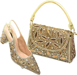 Women's Diamond Luxurious Pointed Toe Pump and Bag Set with Buckle Strap for Elegant Occasions