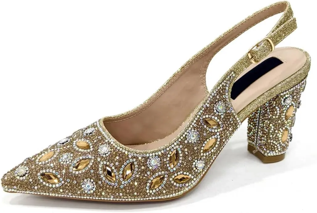 Women's Diamond Luxurious Pointed Toe Pump and Bag Set with Buckle Strap for Elegant Occasions