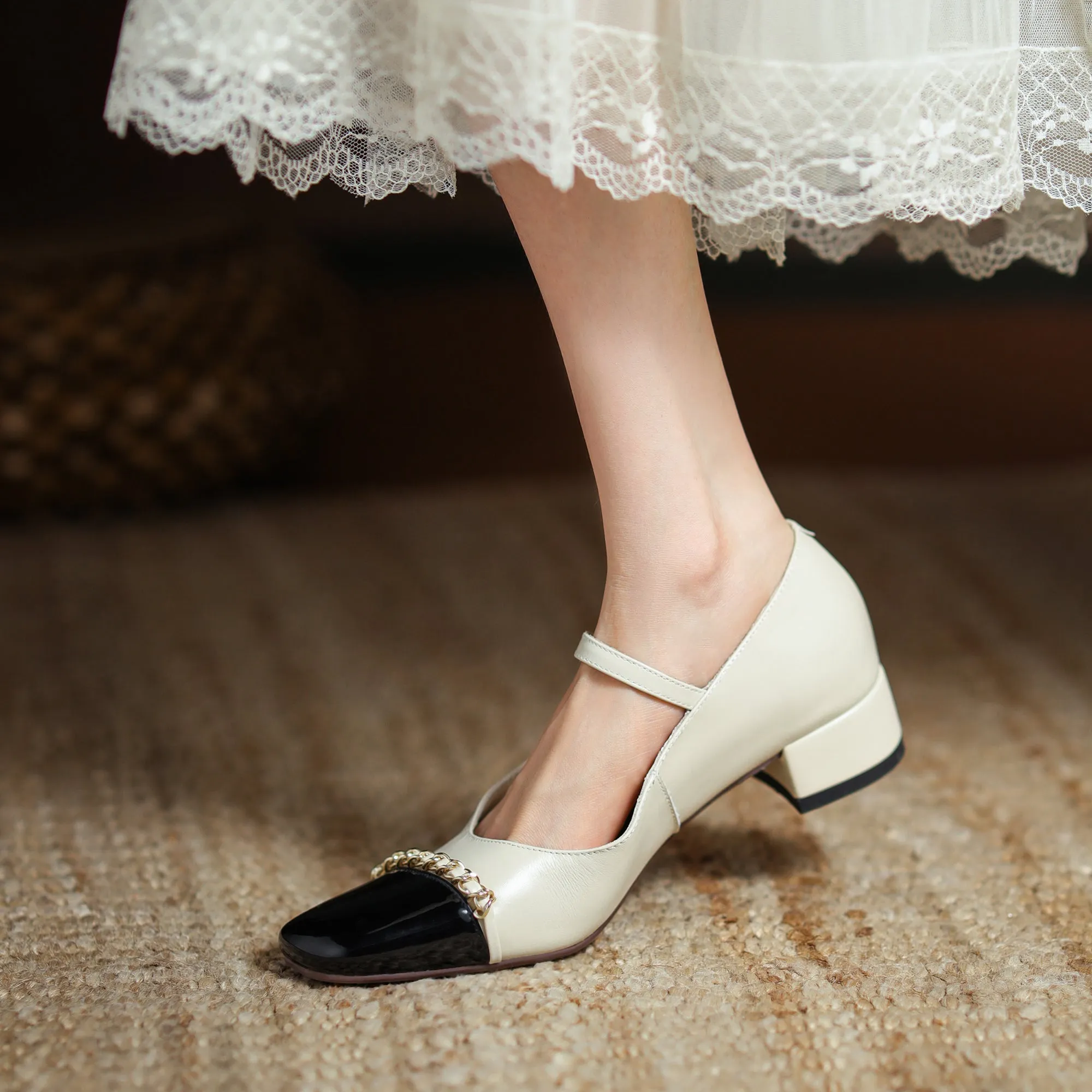 Women's Elegant Patchwork Mid Heel Buckle Mary Jane Pump