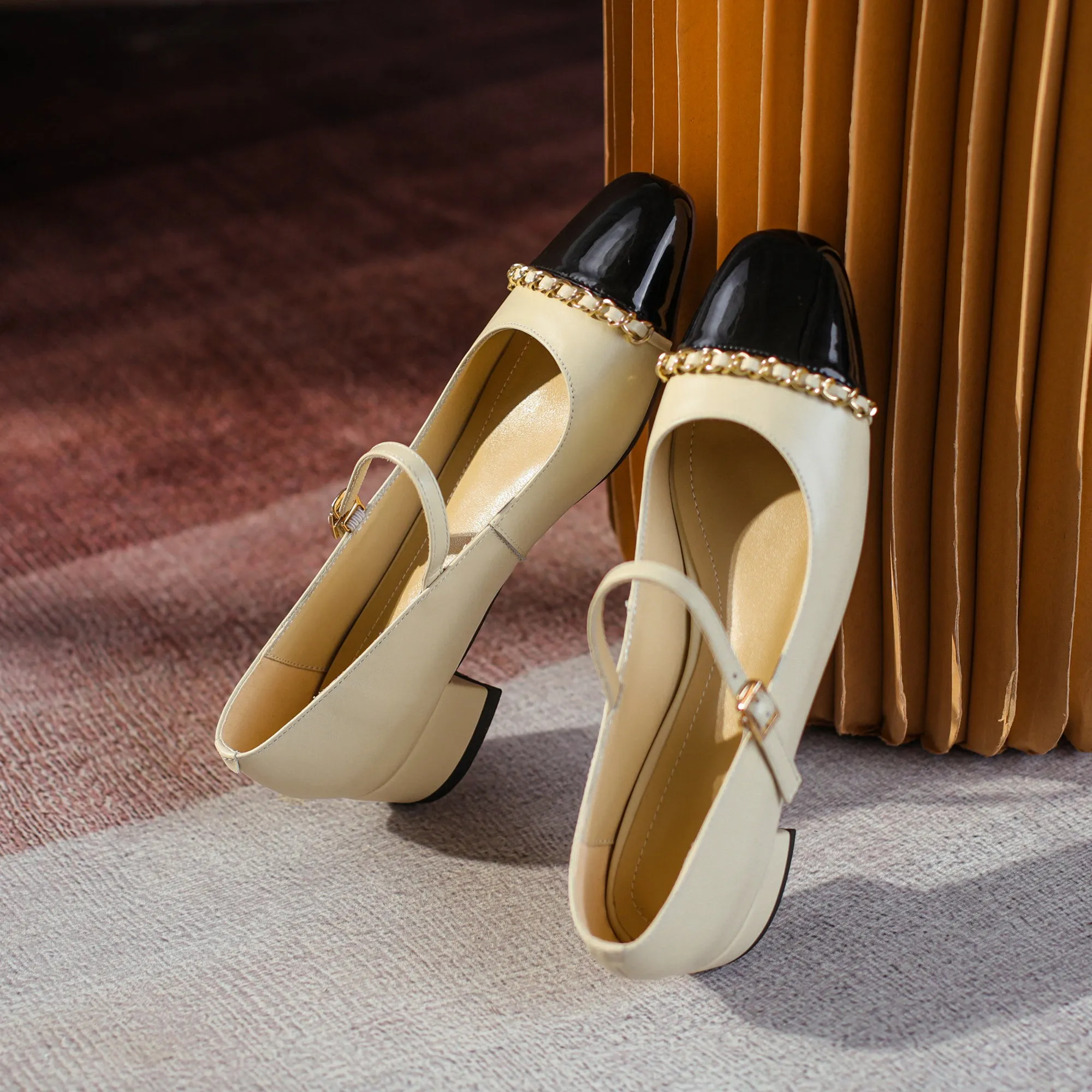 Women's Elegant Patchwork Mid Heel Buckle Mary Jane Pump
