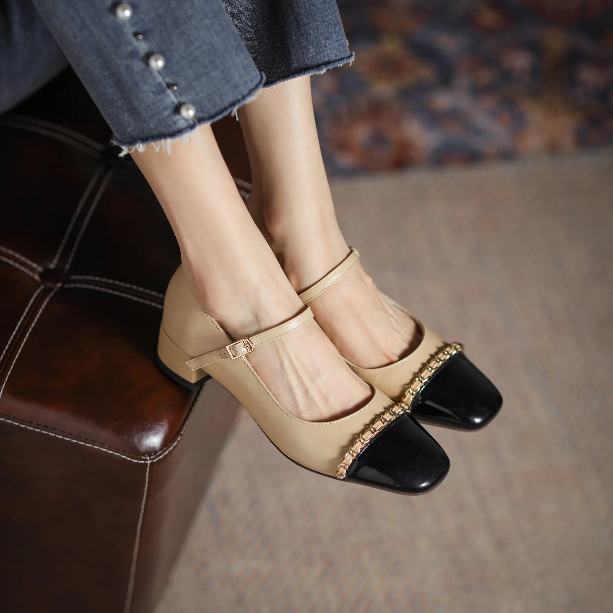 Women's Elegant Patchwork Mid Heel Buckle Mary Jane Pump