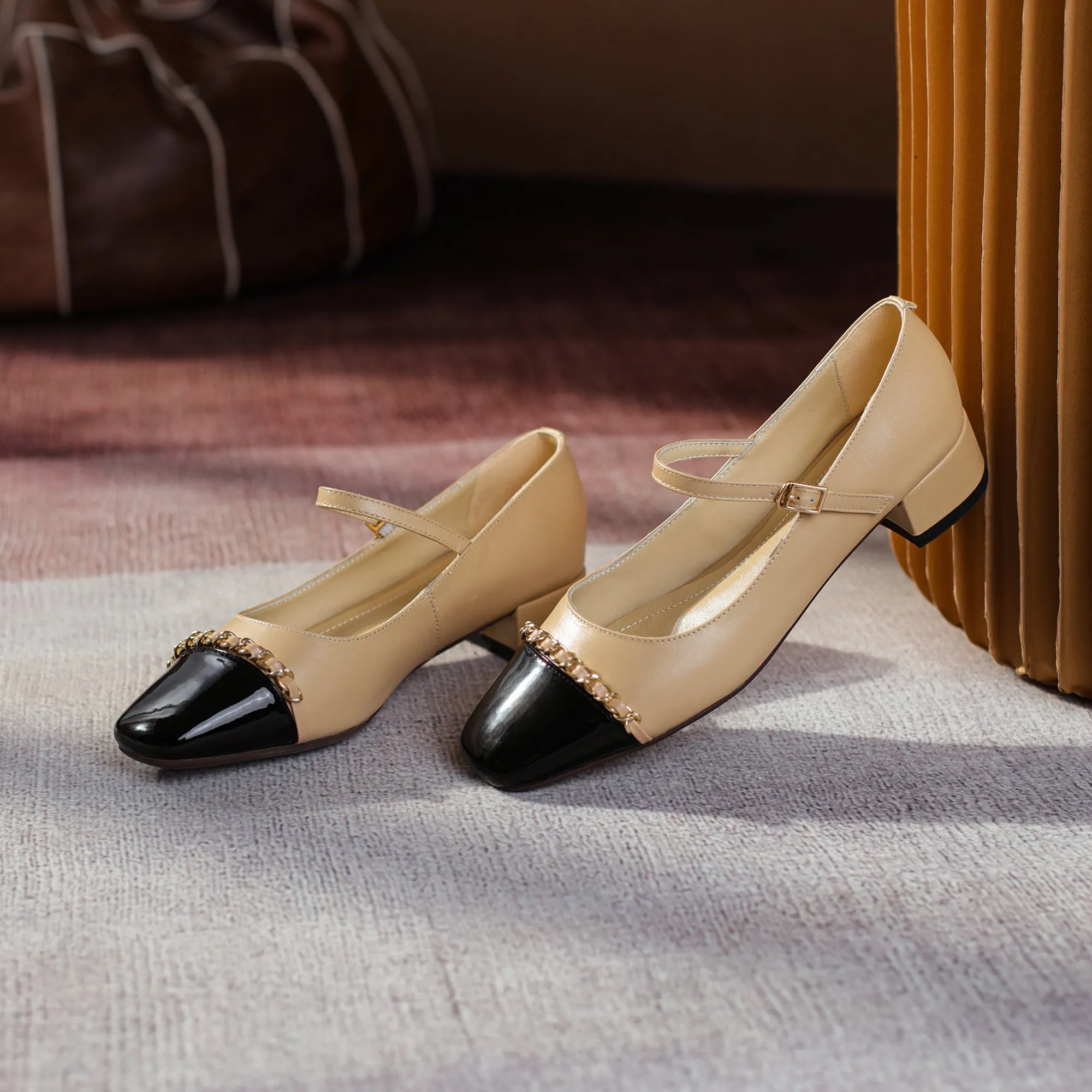 Women's Elegant Patchwork Mid Heel Buckle Mary Jane Pump
