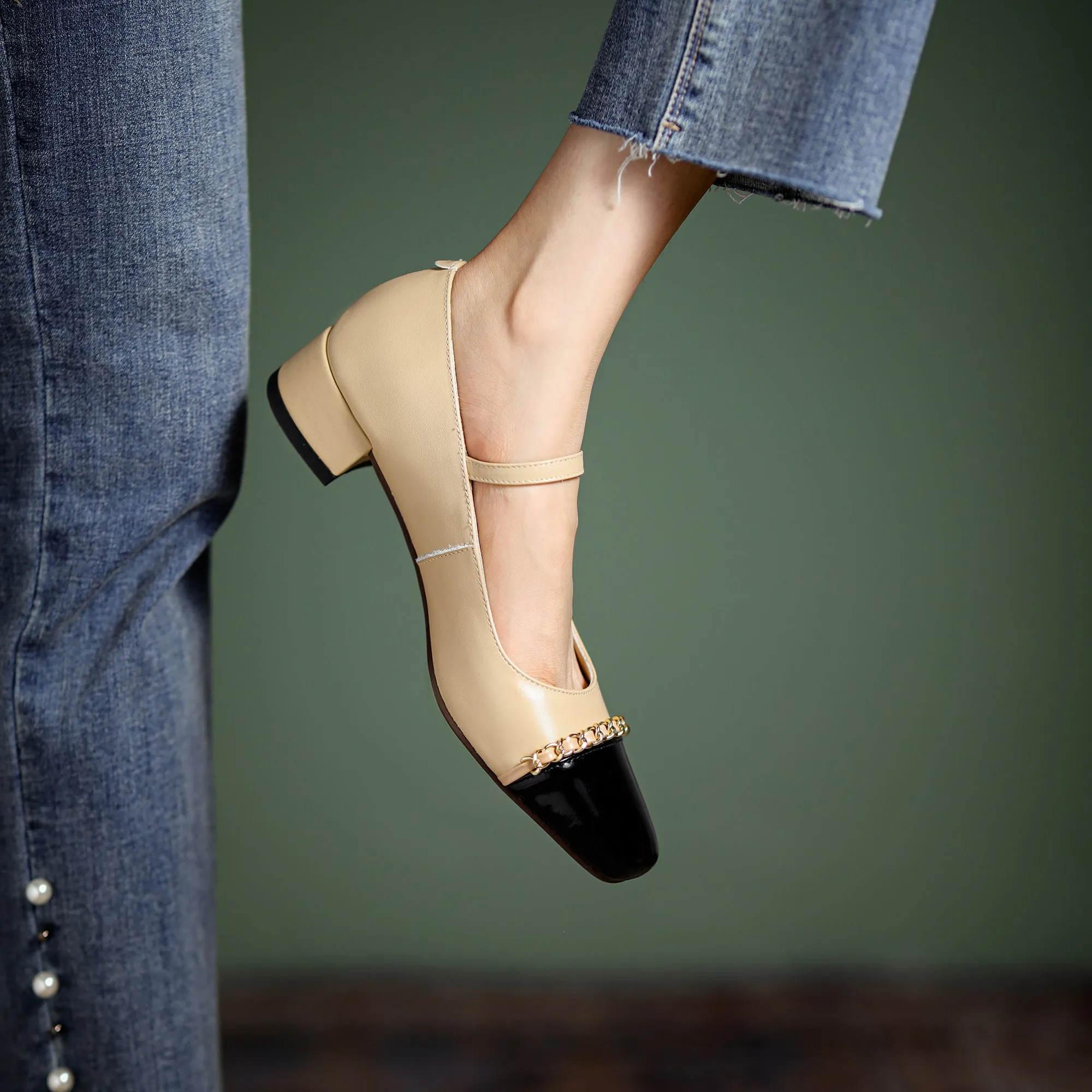 Women's Elegant Patchwork Mid Heel Buckle Mary Jane Pump