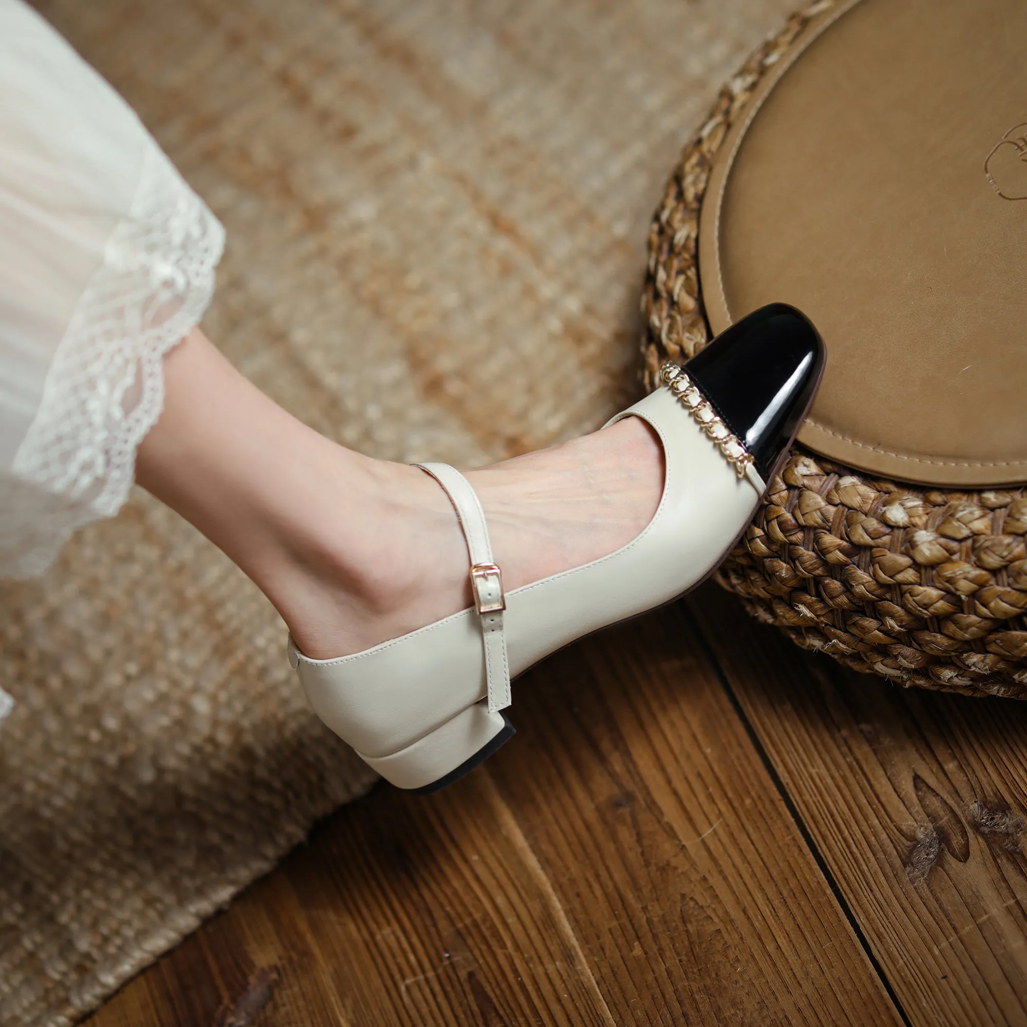 Women's Elegant Patchwork Mid Heel Buckle Mary Jane Pump