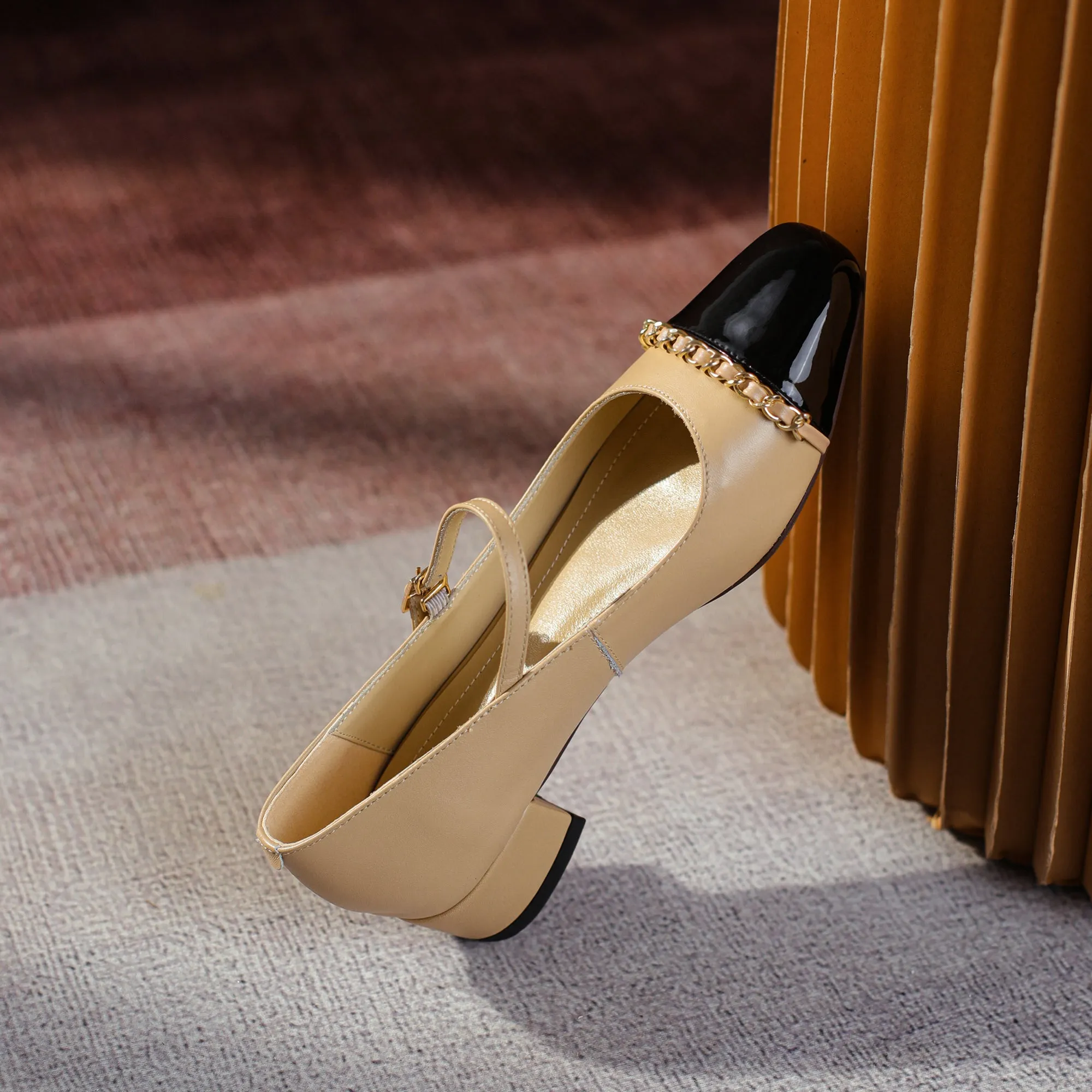 Women's Elegant Patchwork Mid Heel Buckle Mary Jane Pump