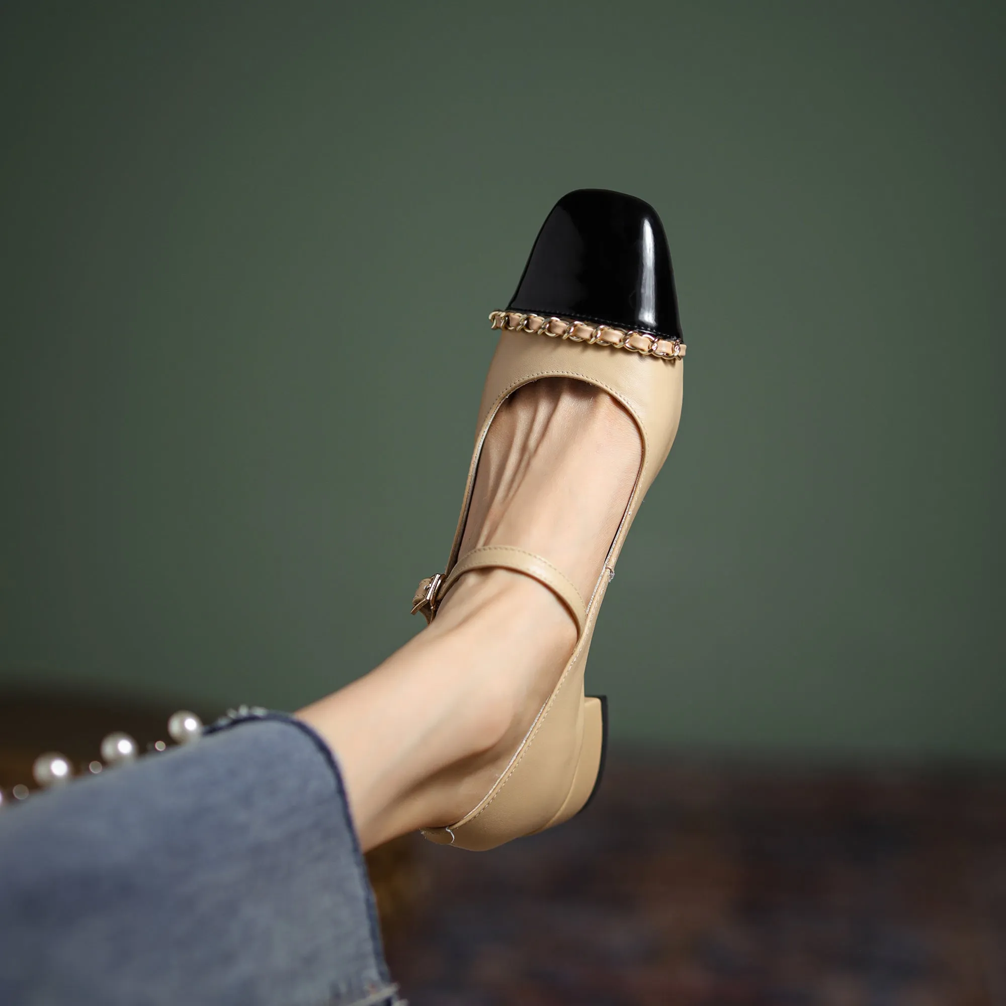 Women's Elegant Patchwork Mid Heel Buckle Mary Jane Pump