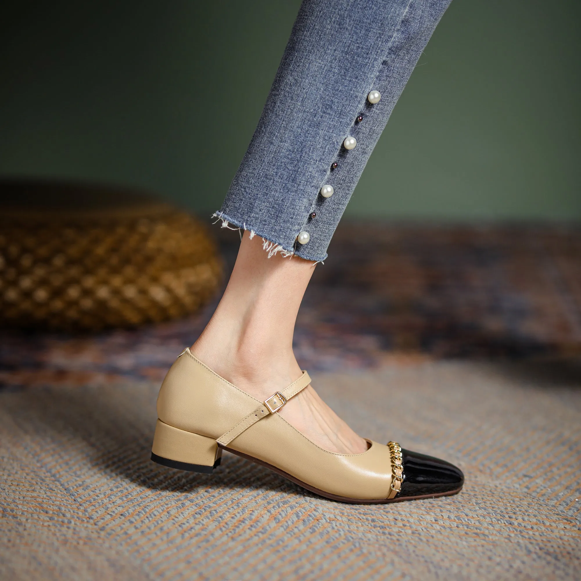 Women's Elegant Patchwork Mid Heel Buckle Mary Jane Pump