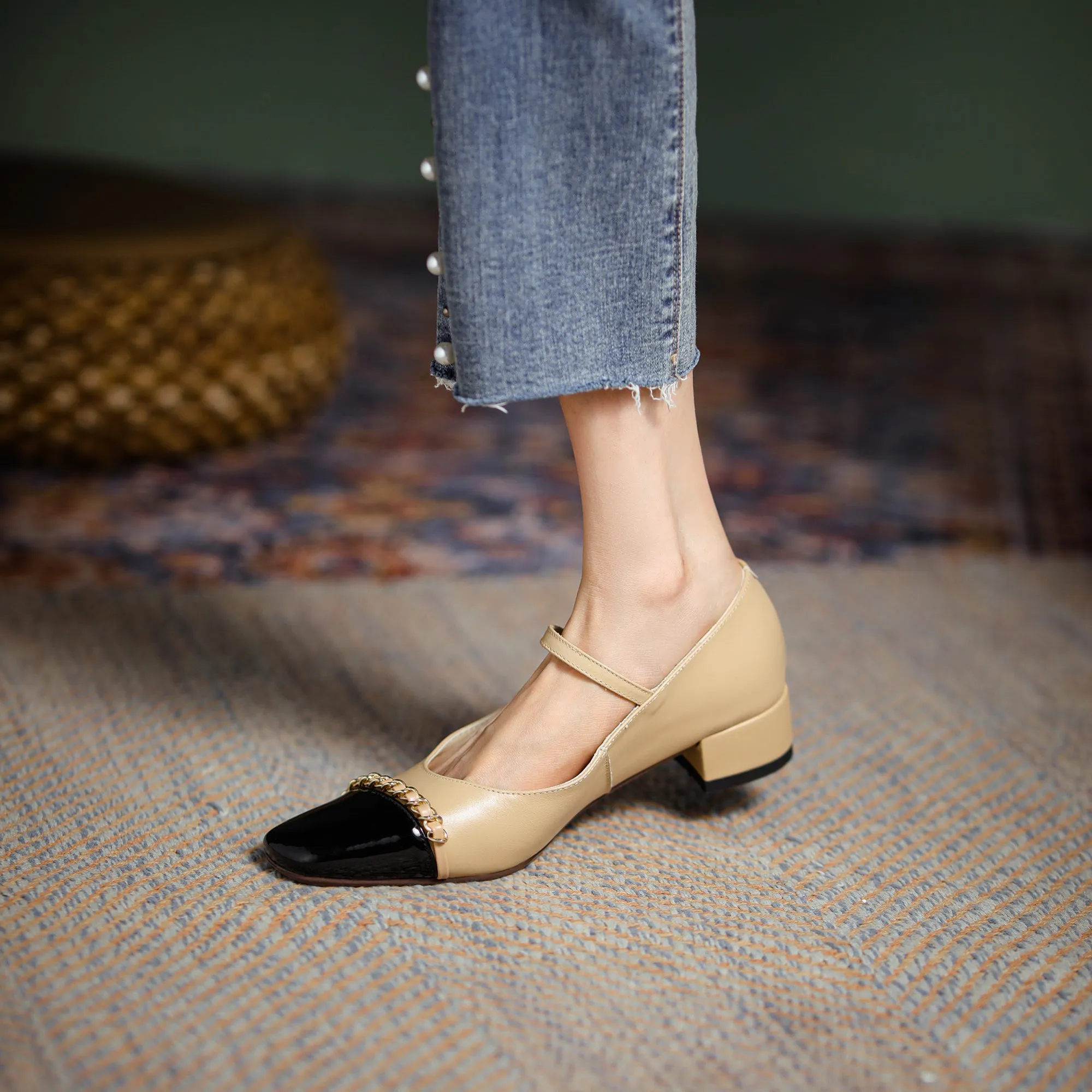 Women's Elegant Patchwork Mid Heel Buckle Mary Jane Pump