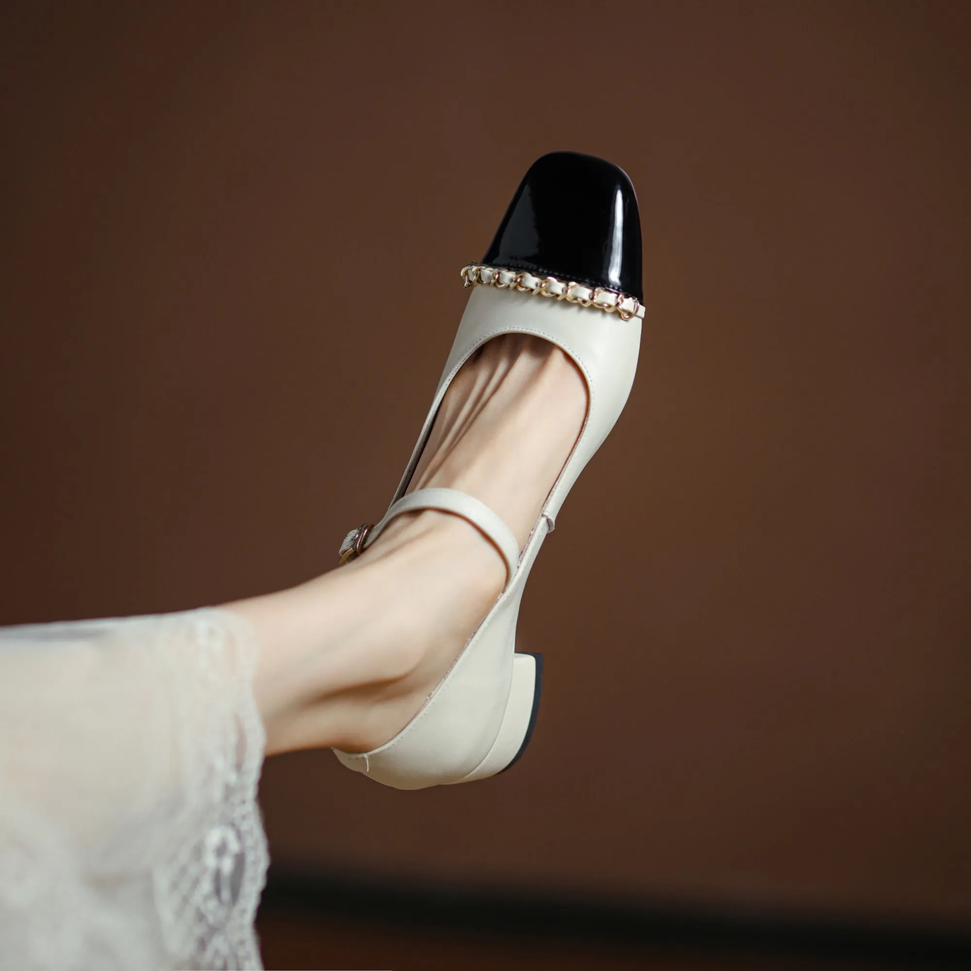 Women's Elegant Patchwork Mid Heel Buckle Mary Jane Pump