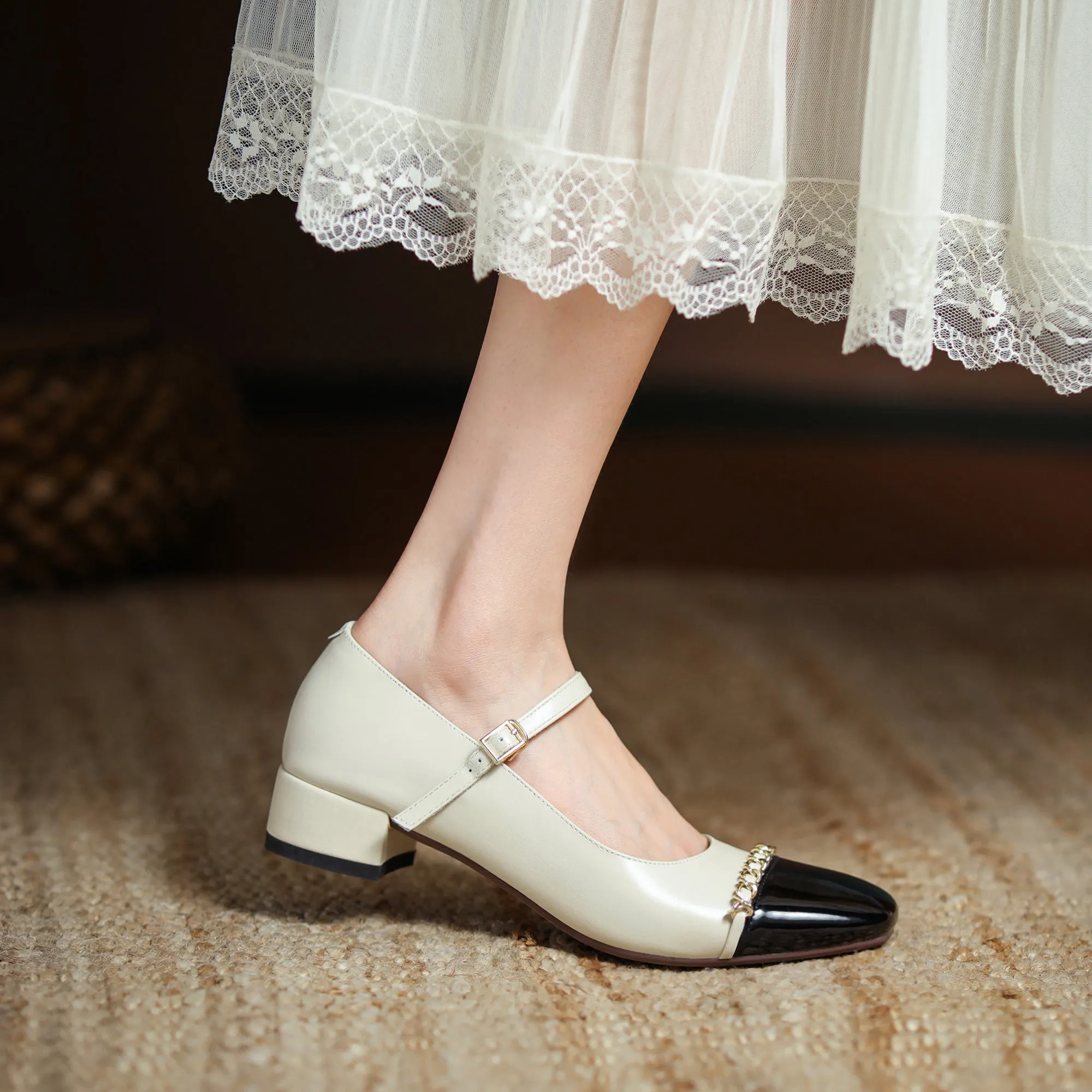Women's Elegant Patchwork Mid Heel Buckle Mary Jane Pump
