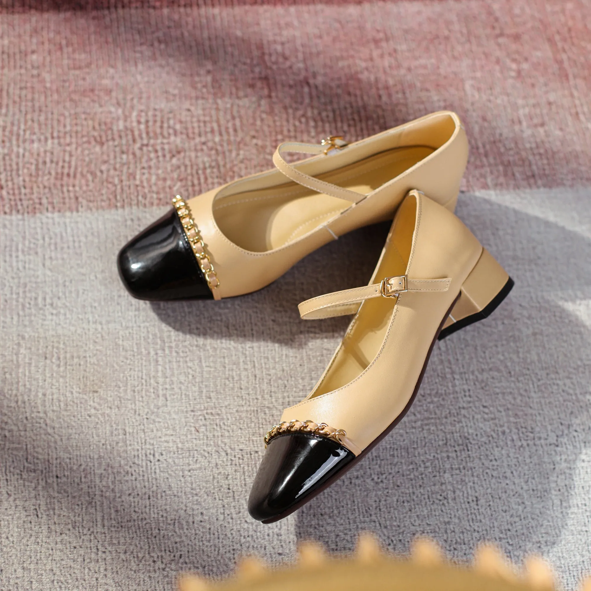 Women's Elegant Patchwork Mid Heel Buckle Mary Jane Pump