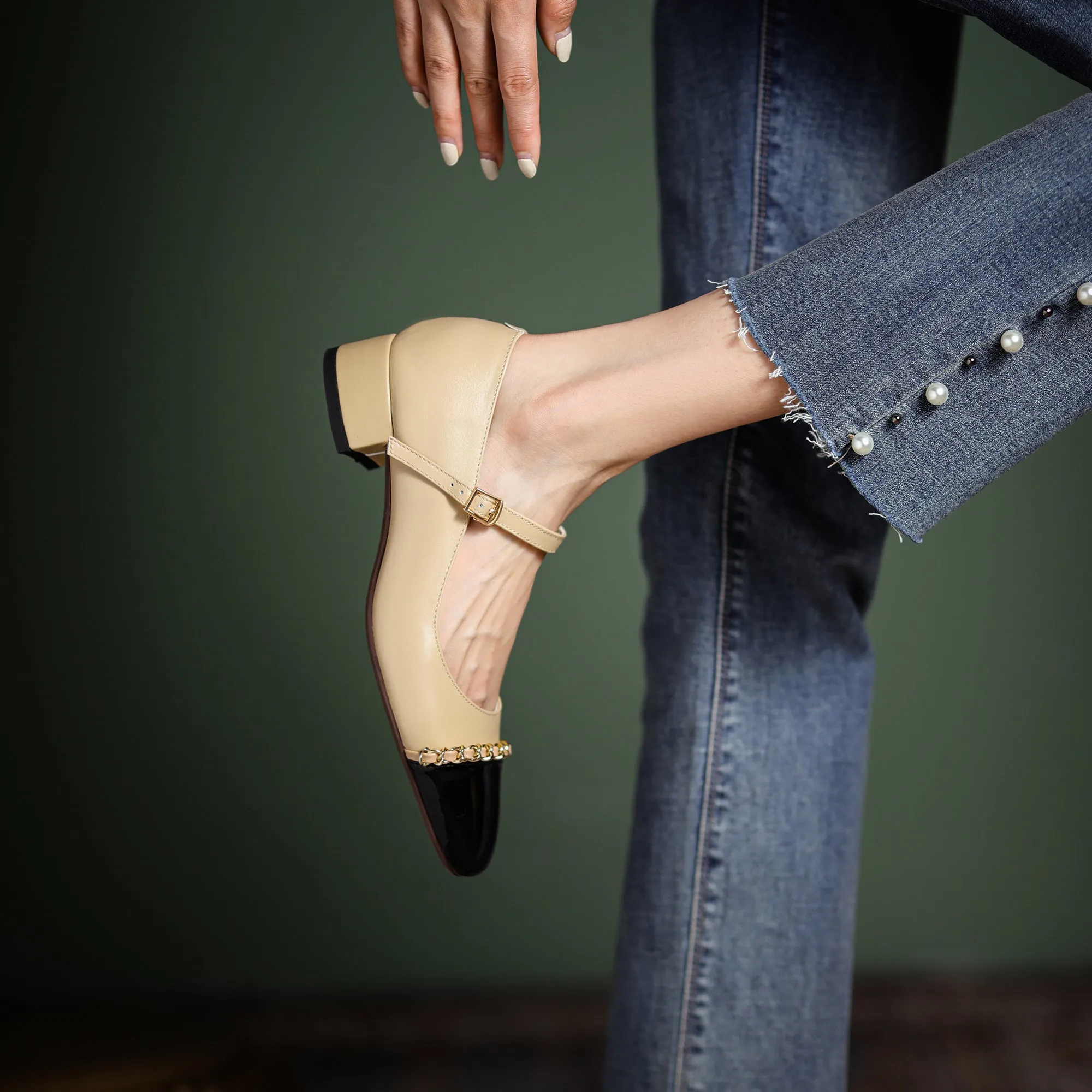 Women's Elegant Patchwork Mid Heel Buckle Mary Jane Pump