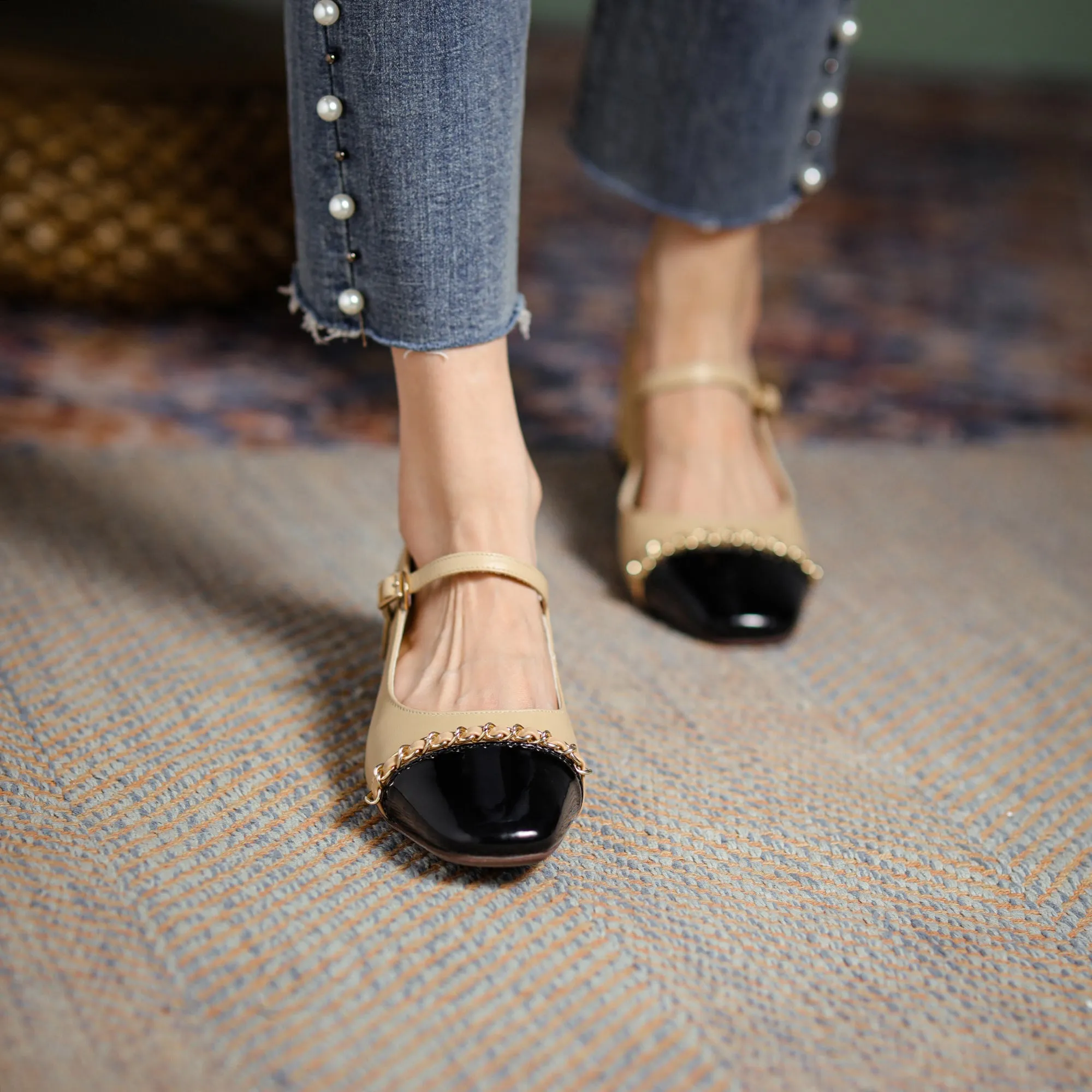 Women's Elegant Patchwork Mid Heel Buckle Mary Jane Pump