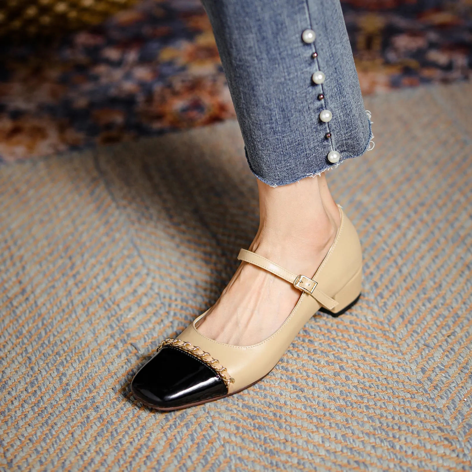 Women's Elegant Patchwork Mid Heel Buckle Mary Jane Pump