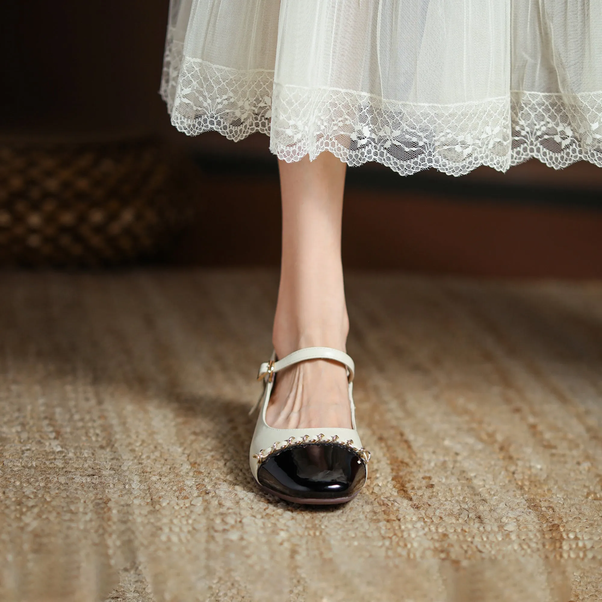 Women's Elegant Patchwork Mid Heel Buckle Mary Jane Pump
