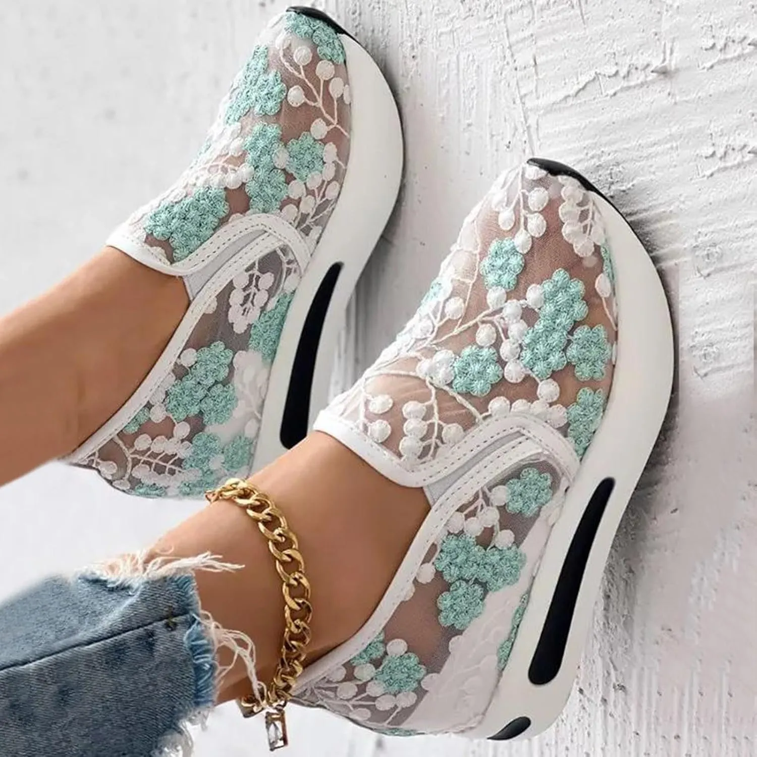 Women's Fashion Sneakers Dressy,Fashion Platform Shoes Floral Embroidery Breathable Sheer Mesh Wedge Sneakers,Platform Wedge Fashion Sneakers for Women