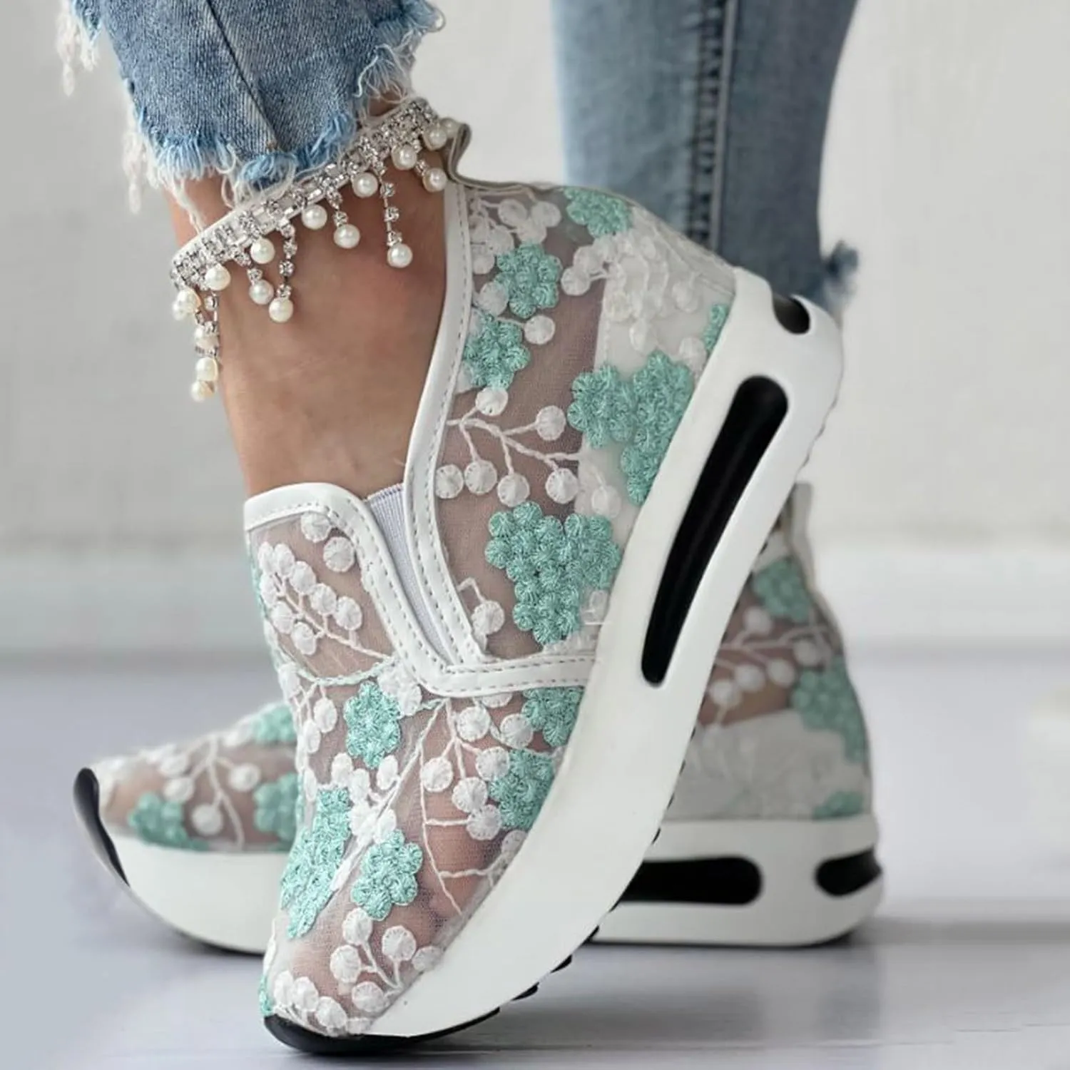 Women's Fashion Sneakers Dressy,Fashion Platform Shoes Floral Embroidery Breathable Sheer Mesh Wedge Sneakers,Platform Wedge Fashion Sneakers for Women