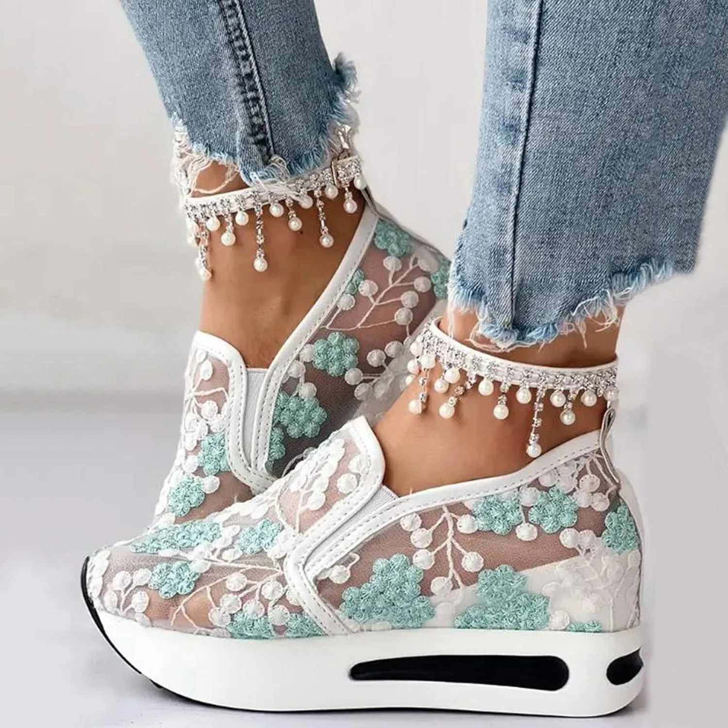 Women's Fashion Sneakers Dressy,Fashion Platform Shoes Floral Embroidery Breathable Sheer Mesh Wedge Sneakers,Platform Wedge Fashion Sneakers for Women