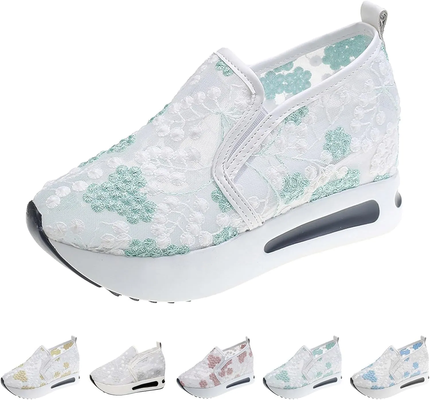 Women's Fashion Sneakers Dressy,Fashion Platform Shoes Floral Embroidery Breathable Sheer Mesh Wedge Sneakers,Platform Wedge Fashion Sneakers for Women