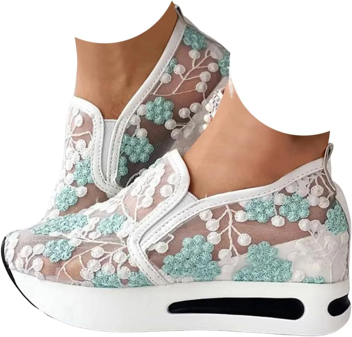 Women's Fashion Sneakers Dressy,Fashion Platform Shoes Floral Embroidery Breathable Sheer Mesh Wedge Sneakers,Platform Wedge Fashion Sneakers for Women