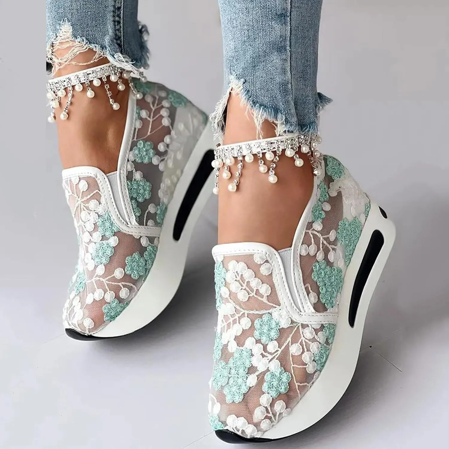 Women's Fashion Sneakers Dressy,Fashion Platform Shoes Floral Embroidery Breathable Sheer Mesh Wedge Sneakers,Platform Wedge Fashion Sneakers for Women