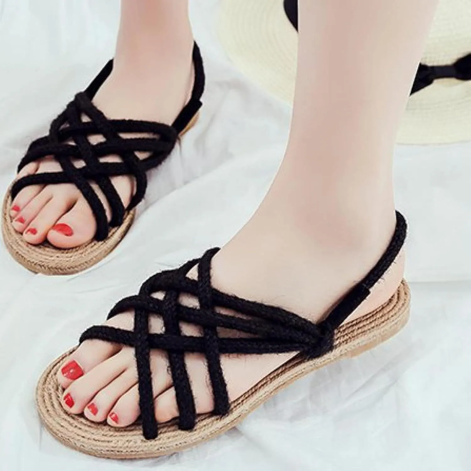 Women's Hemp Rope Open Toe Lace up Canvas Casual Sandals Walking Soft Flat Shoes