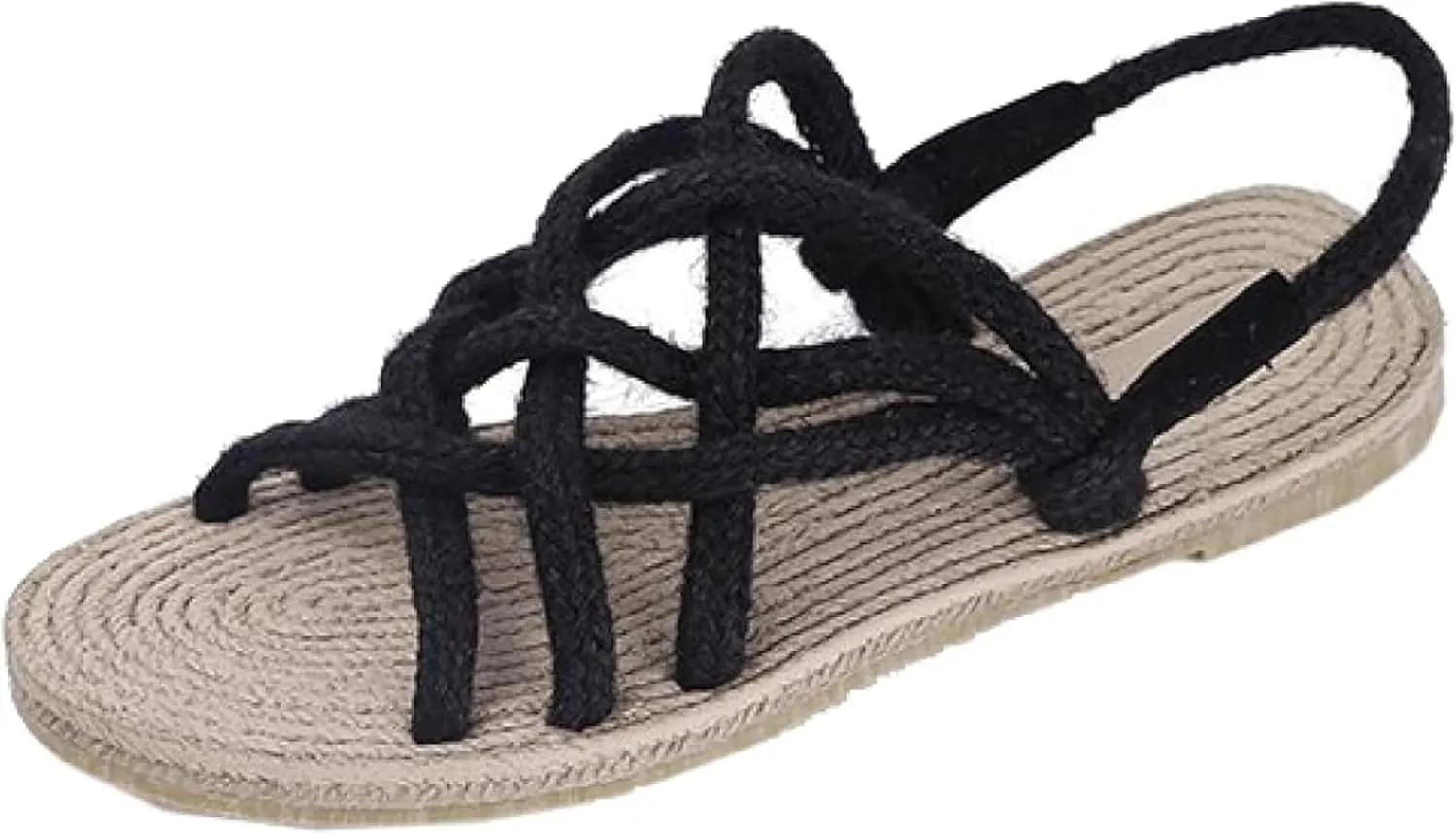 Women's Hemp Rope Open Toe Lace up Canvas Casual Sandals Walking Soft Flat Shoes