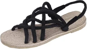 Women's Hemp Rope Open Toe Lace up Canvas Casual Sandals Walking Soft Flat Shoes