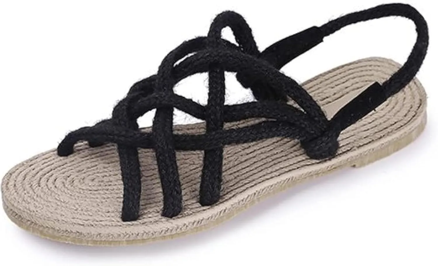 Women's Hemp Rope Open Toe Lace up Canvas Casual Sandals Walking Soft Flat Shoes