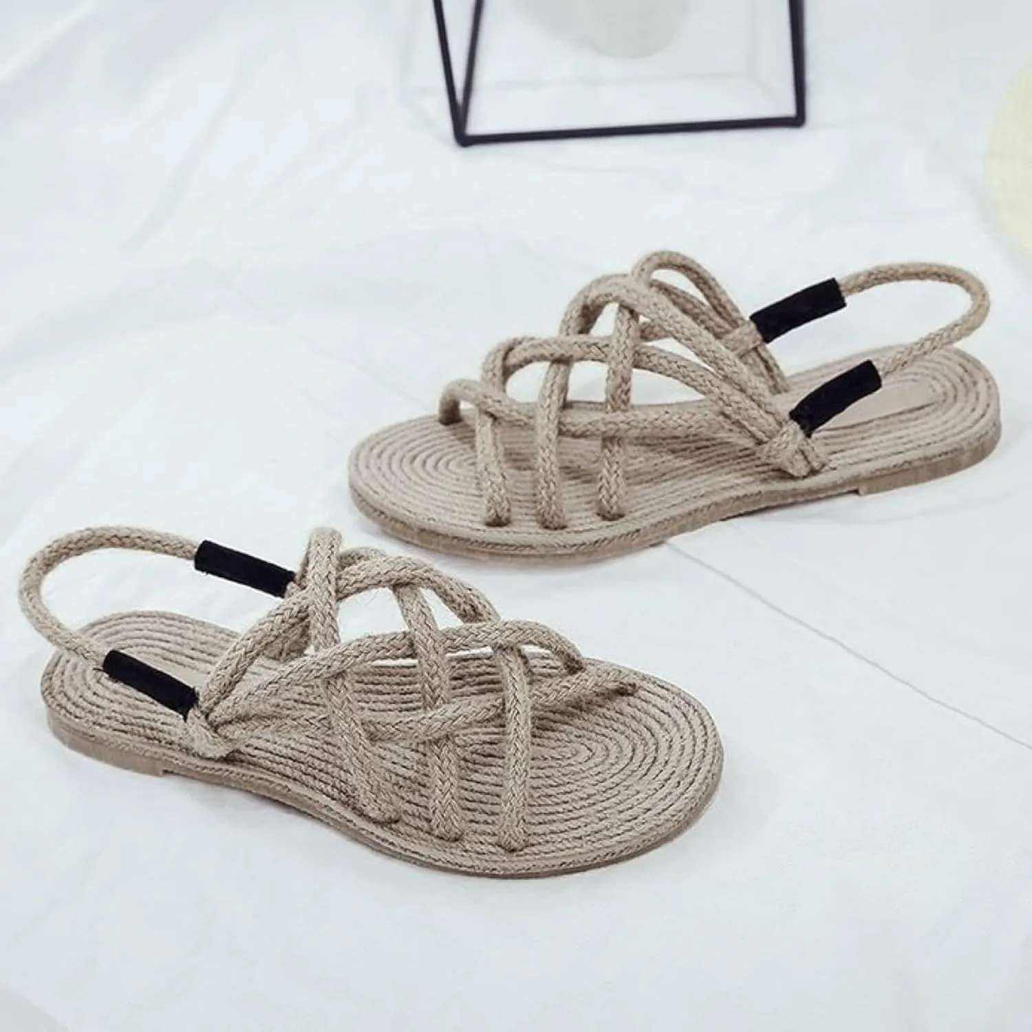 Women's Hemp Rope Open Toe Lace up Canvas Casual Sandals Walking Soft Flat Shoes