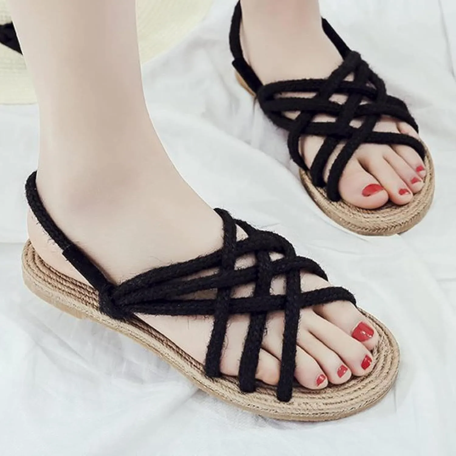 Women's Hemp Rope Open Toe Lace up Canvas Casual Sandals Walking Soft Flat Shoes