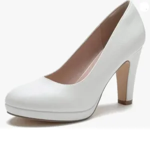 Women's Low Platform High Chunky Heeled Slip On Closed Round Toe Pump Elegant