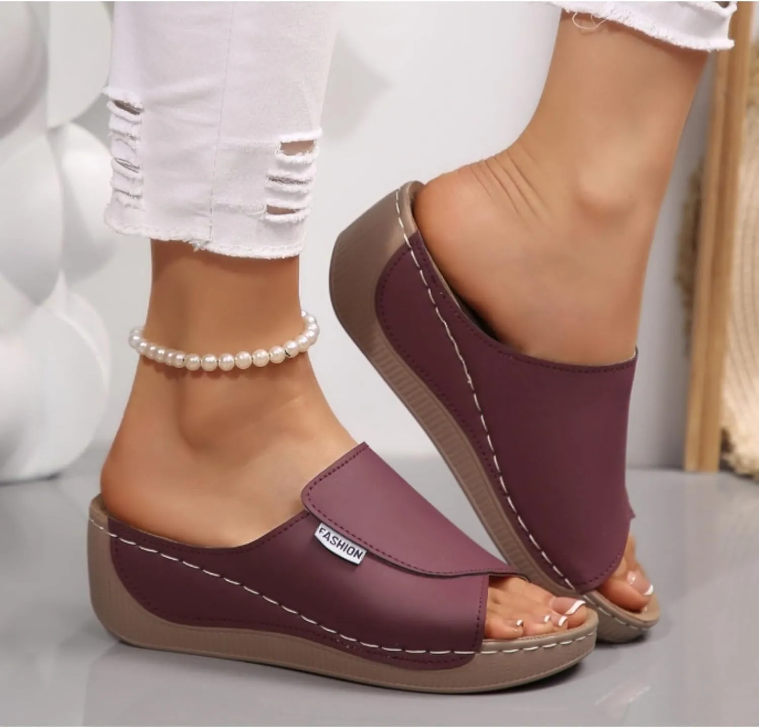 Women's Orthotic Sandals – Arch Support Slides, Breathable Leather Wedge Platform – Slip-On Walking Shoes for All-Day Comfort