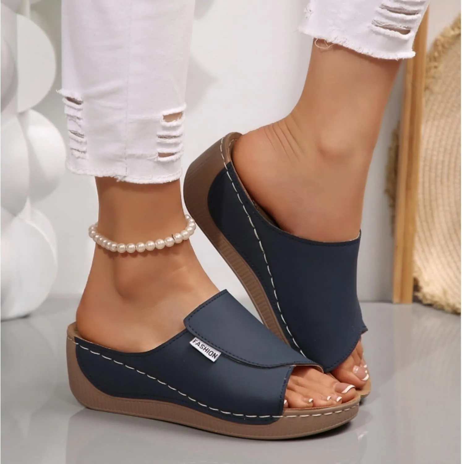 Women's Orthotic Sandals – Arch Support Slides, Breathable Leather Wedge Platform – Slip-On Walking Shoes for All-Day Comfort
