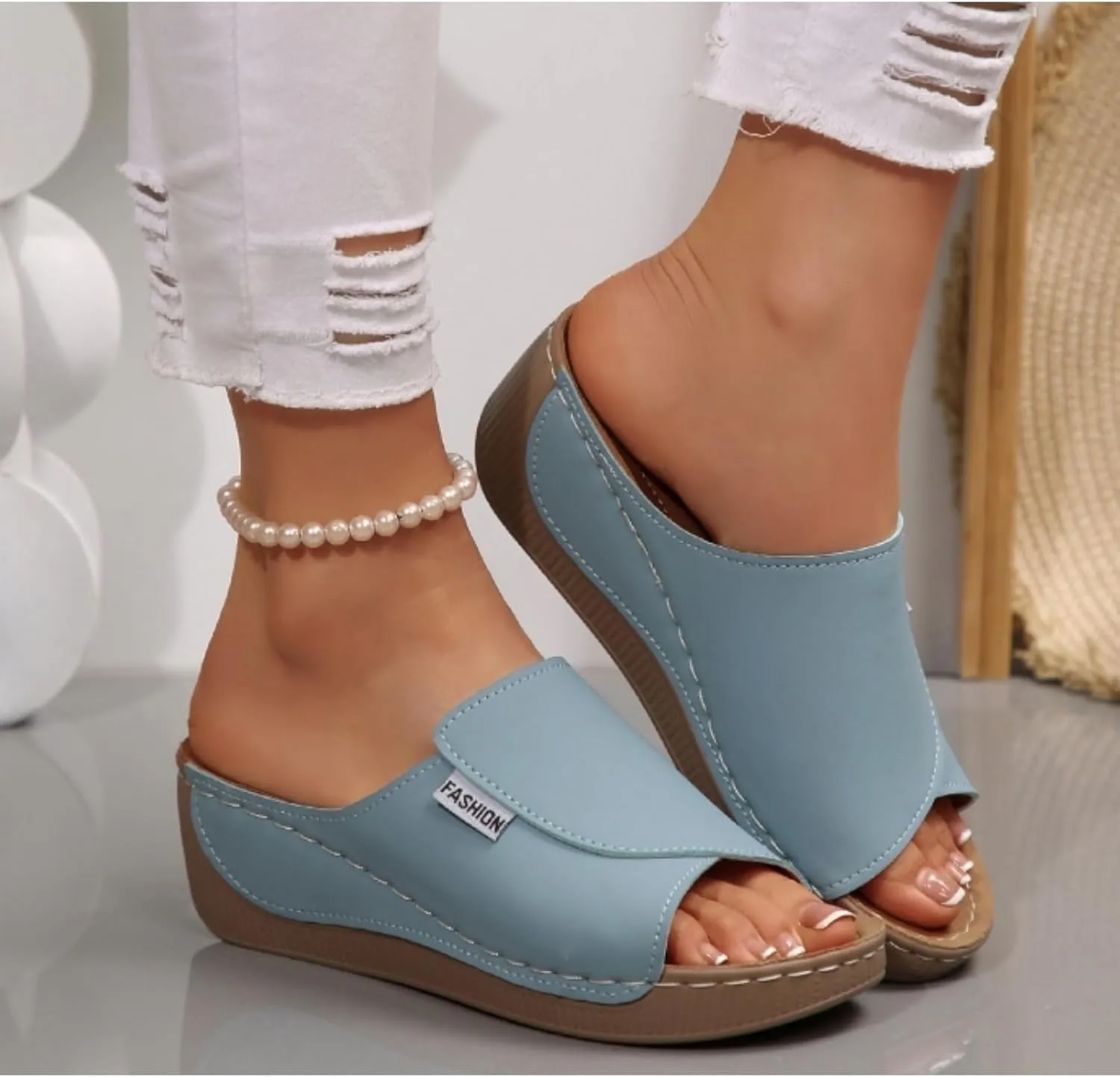 Women's Orthotic Sandals – Arch Support Slides, Breathable Leather Wedge Platform – Slip-On Walking Shoes for All-Day Comfort