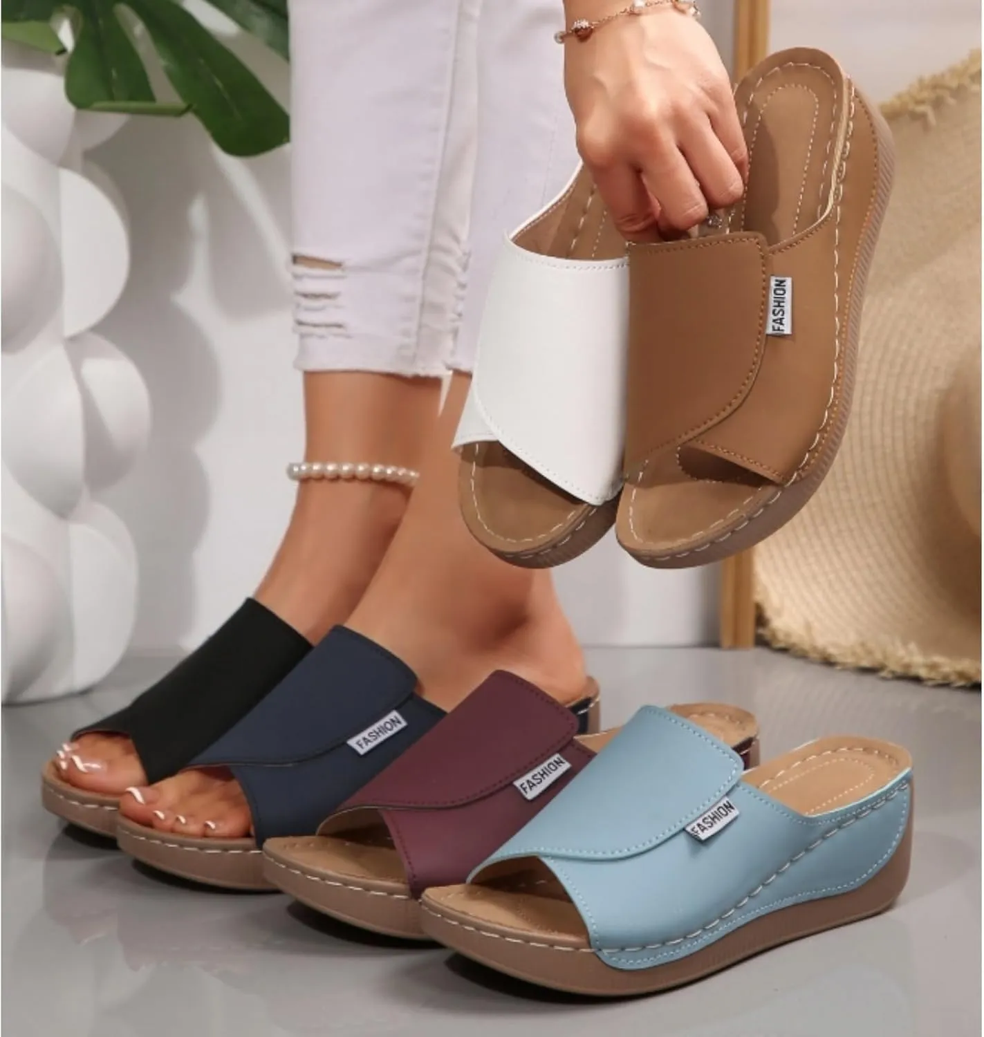 Women's Orthotic Sandals – Arch Support Slides, Breathable Leather Wedge Platform – Slip-On Walking Shoes for All-Day Comfort