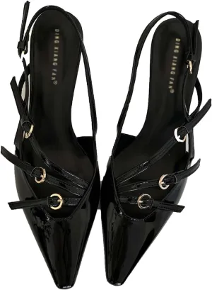 Women's Pointed Toe Kitten Heels Buckle Pumps,Sexy Slingback Adjustable Metallic Multi-Buckle Low Heel Sandals Slip On Office Party Dress Pumps Shoes