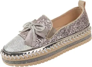 Women's Rhinestone Glitter Bowknot Shiny Comfortable Thick Soft Casual Platform Loafers Shoes